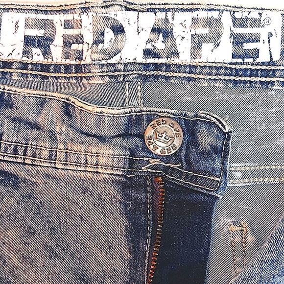 Red Ape Moto Biker Acid Wash Blue Jean Whisker Distress Ribs 46 Skinny Big Tall - Picture 3 of 12